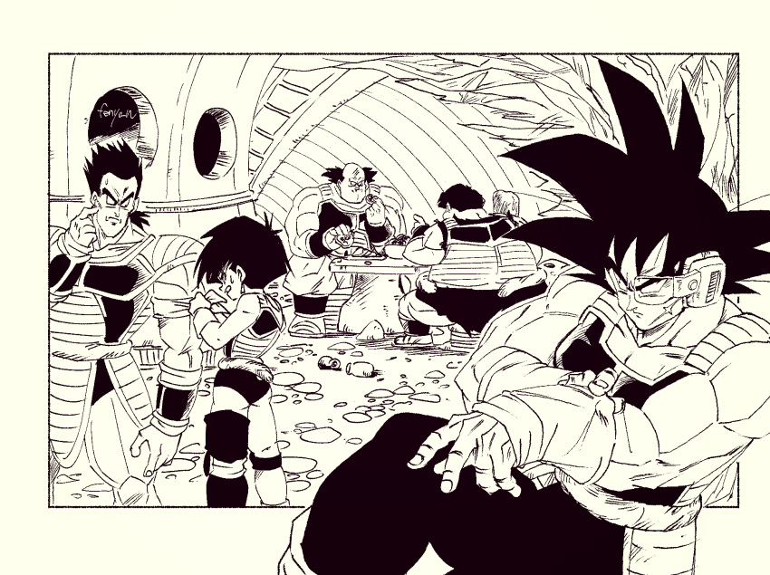 4boys adjusting_wristband arm_guards artist_name balding bardock bracer dragon_ball dragon_ball_z earrings eating female fenyon gloves highres jewelry knee_pads leggings leotard looking_at_another looking_to_the_side monkey_boy monkey_girl monkey_tail monochrome multiple_boys muscular muscular_male panpukin_(dragon_ball) pectoral_cleavage pectorals plump round_window saiyan_armor scar scar_on_cheek scar_on_face scouter scratching_cheek seripa short_hair single_thighhigh sitting sleeveless_leotard spiked_hair sweatdrop table tail tail_around_waist thighhighs toma_(dragon_ball) toteppo tying window