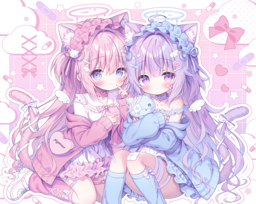 2girls ahoge animal_ear_fluff animal_ears aqua_cardigan aqua_choker aqua_eyes aqua_halo aqua_leg_warmers aqua_ribbon bag bandaid bandaid_hair_ornament bandaid_on_face bandaid_on_leg bandaid_print blush border bow bow_print bowtie cardigan cat_ears cat_girl cat_hair_ornament cat_tail choker closed_mouth cloud_print drink drinking_straw finger_to_mouth frilled_choker frilled_sailor_collar frilled_shirt frilled_shirt_collar frills hair_between_eyes hair_ornament halo heart heart-shaped_bag heart_hair_ornament heart_necklace heart_print holding holding_drink hugging_doll hugging_object jewelry kamishiro_piyo kneeling leg_belt leg_warmers long_sleeves maid_headdress milk_carton multiple_girls necklace open_cardigan open_clothes original pill_print pink_background pink_bow pink_bowtie pink_cardigan pink_choker pink_hair pink_halo pink_leg_warmers pink_ribbon purple_eyes purple_hair ribbon sailor_collar shirt shoulder_bag sidelocks sitting smile sparkle_hair_ornament star_(symbol) star_print stuffed_animal stuffed_cat stuffed_toy tail tail_bow tail_ornament white_border white_bow white_footwear white_sailor_collar white_shirt white_sneakers white_wings wing_hair_ornament wings x_hair_ornament yami_kawaii yume_kawaii