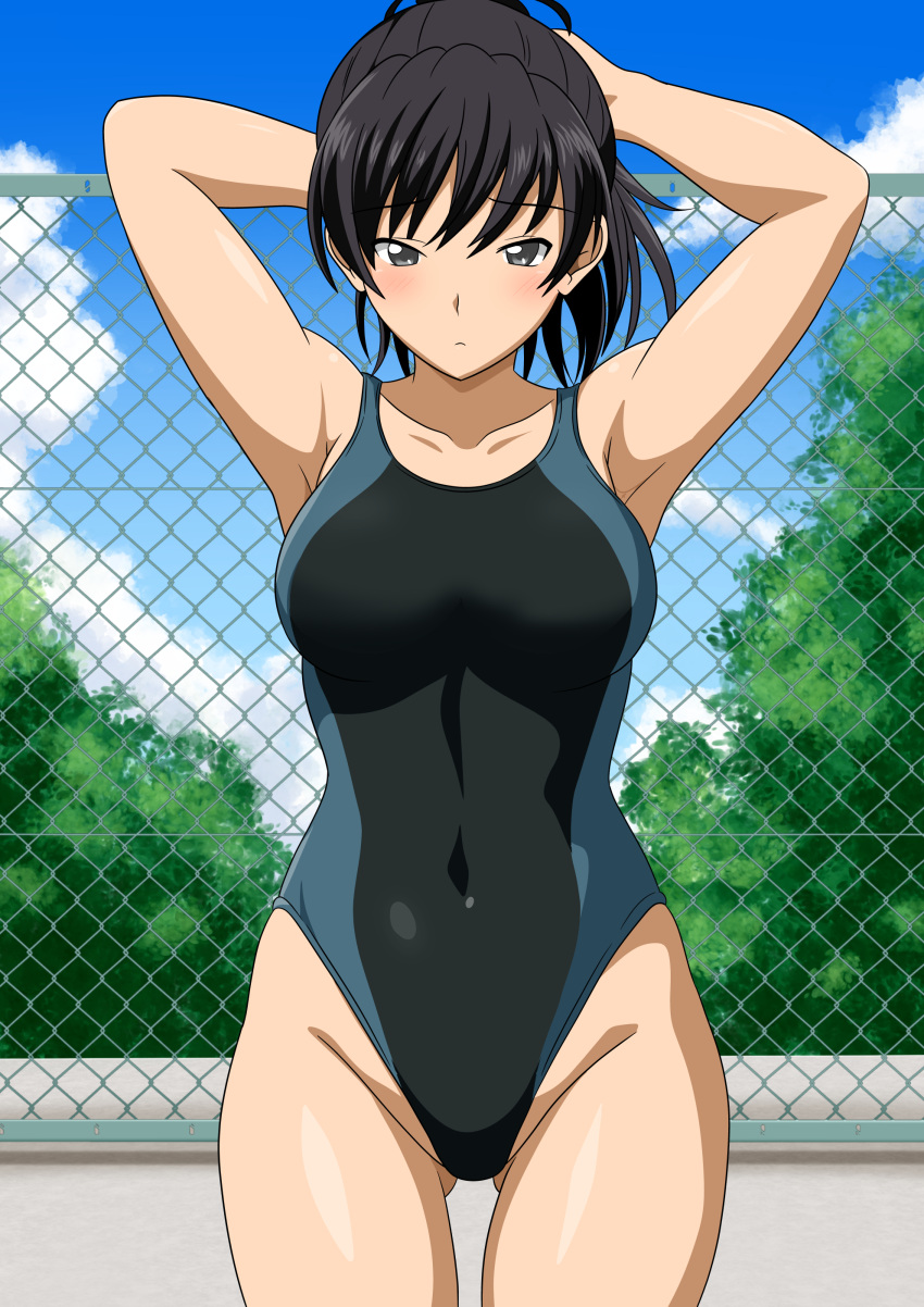 absurdres amagami arms_behind_head ass_visible_through_thighs black_eyes black_hair black_one-piece_swimsuit blue_sky breasts bush chain-link_fence cloud competition_swimsuit covered_navel cowboy_shot day female fence highres holding holding_own_hair looking_at_viewer medium_breasts medium_hair one-piece_swimsuit outdoors ponytail sky solo swimsuit tsukahara_hibiki two-tone_swimsuit yuuyuu_(3jjbn)