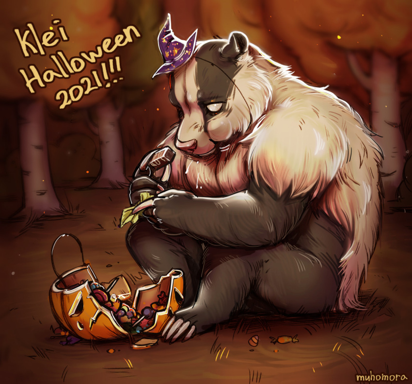 2021 4_toes 5_fingers anthro badger bear bearger_(species) black_body black_fur broken_object candy candy_corn claws clothing colored curling_toes dessert detailed detailed_fur don't_starve eating eating_food english_text exclamation_point feet fingers fluffy food forest forest_background fur glistening glistening_eyes grass halloween halloween_2021 hat headgear headwear holidays hybrid klei_entertainment lollipop male mammal mini_hat mostly_nude muhomora multicolored_body multicolored_fur mustelid musteline nature nature_background no_pupils pink_nose plant pumpkin_basket purple_clothing purple_hat purple_headwear shaded shrub signature sitting sitting_on_ground solo text toes tree two_tone_body two_tone_fur white_body white_claws white_fur witch_hat