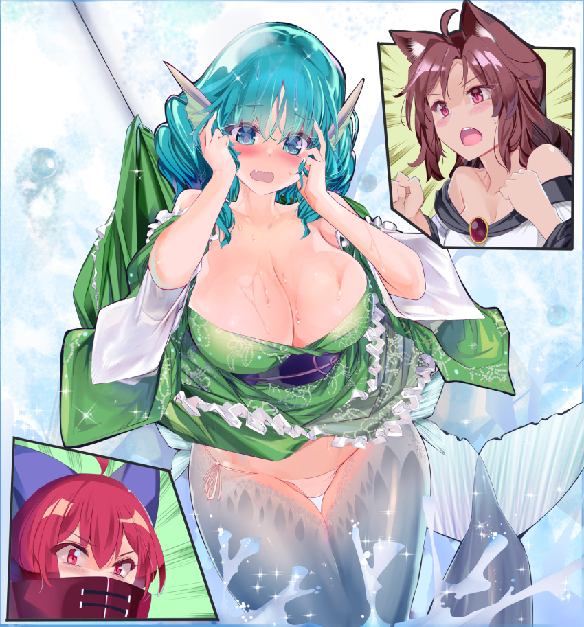 3girls bare_shoulders blue_eyes blue_hair blush breasts brown_hair cleavage clothes_lift commentary_request covered_mouth fins fishing_line frilled_kimono frills grass_root_youkai_network green_kimono hands_on_own_cheeks hands_on_own_face head_fins highres imaizumi_kagerou japanese_clothes kimono large_breasts mermaid mokomoko_yanakku monster_girl multiple_girls oerba_yun_fang open_mouth panties red_eyes red_hair sekibanki short_hair skirt skirt_lift splashing teeth touhou underwear upper_teeth_only wakasagihime water water_drop white_panties wide_sleeves