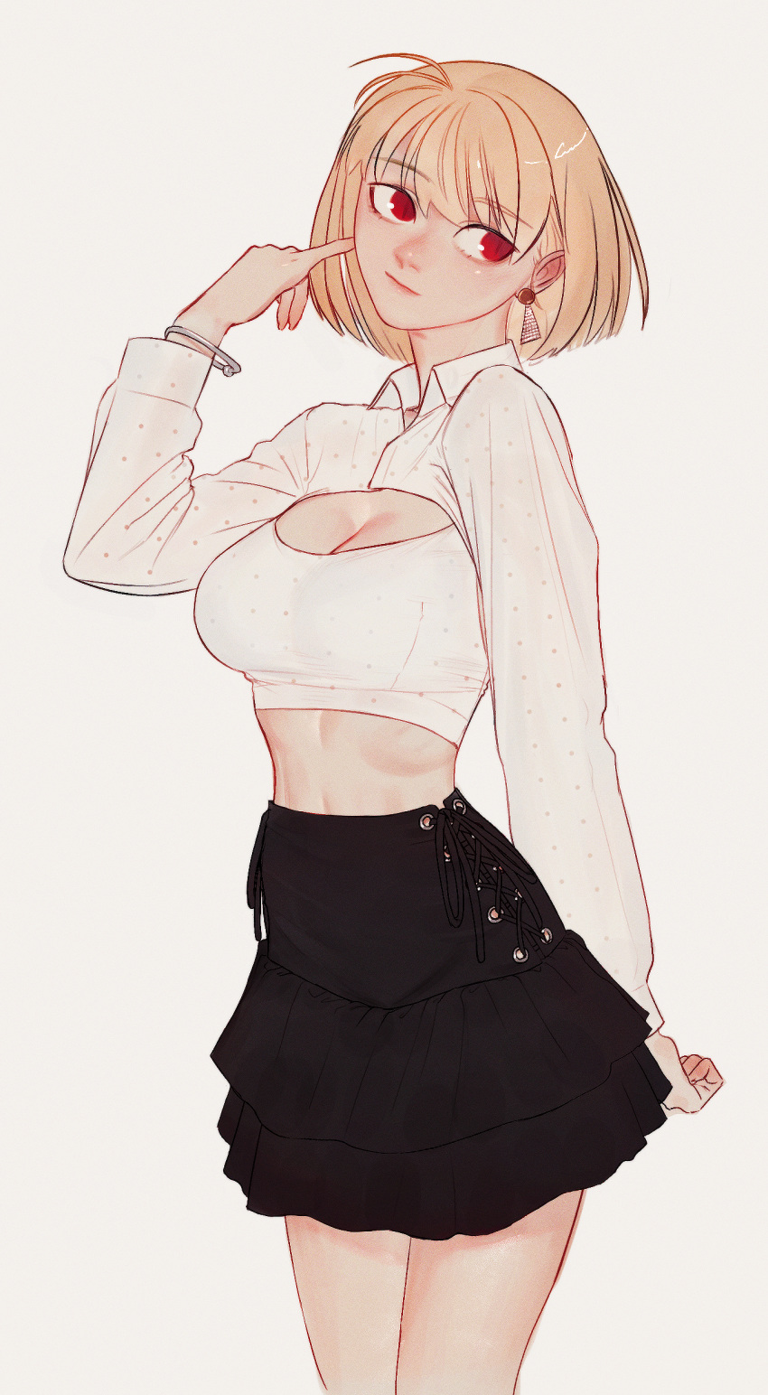 absurdres alternate_costume arcueid_brunestud black_skirt blonde_hair bracelet crop_top earrings female fully_clothed highres jewelry keyhole leo. looking_to_the_side midriff red_eyes short_hair simple_background skirt tsukihime type-moon upper_body white_background