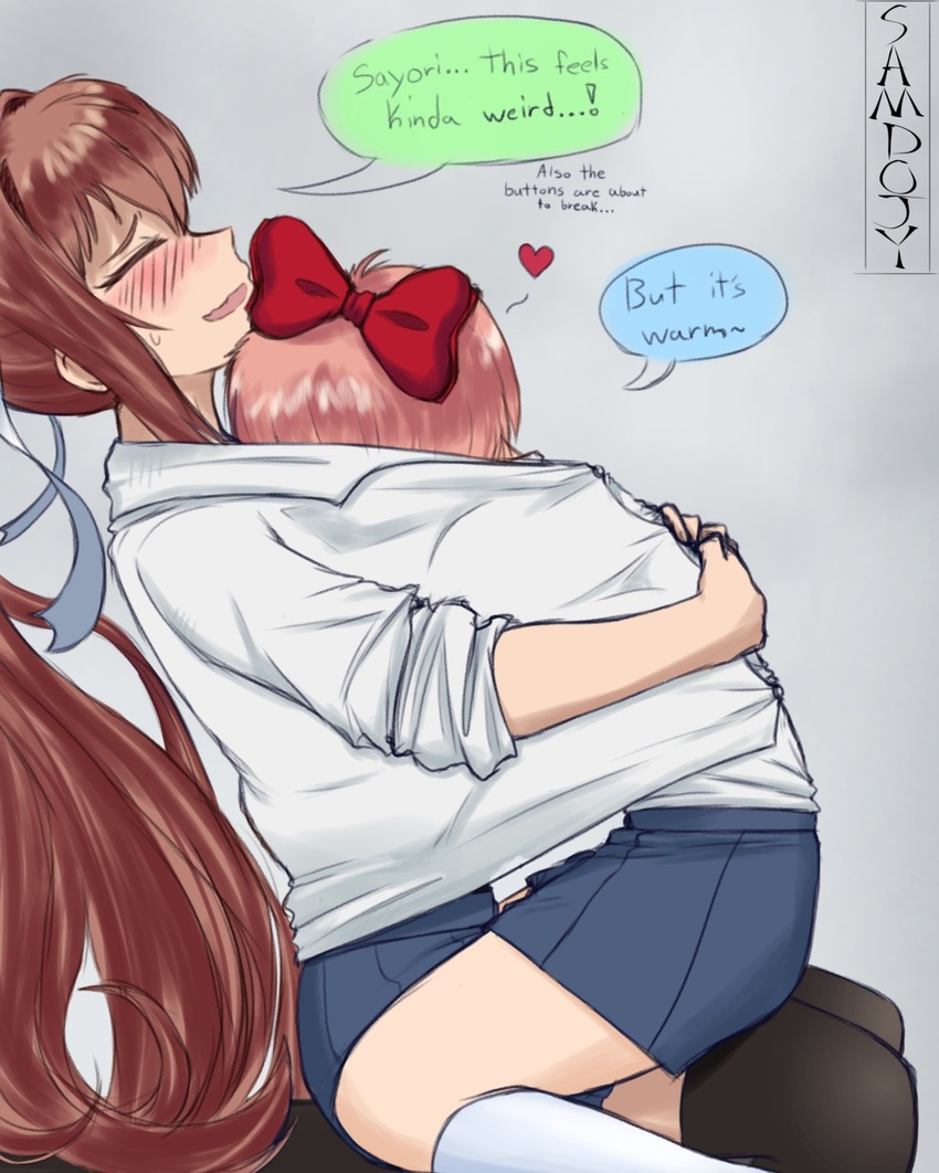 2girls blush bow clothed clothing cute dialogue doki_doki_literature_club happy hugging legwear monika_(doki_doki_literature_club) not_furry pink_hair ponytail samdoja_ sayori_(doki_doki_literature_club) sfw sharing_clothes smile text wholesome yuri