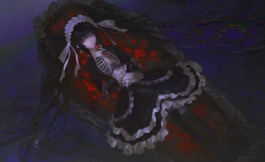 absurdres black_hair black_nails black_thighhighs blep_(vhpl2207) celestia_ludenberg claw_ring coffin danganronpa:_trigger_happy_havoc danganronpa_(series) earrings female flower frilled_skirt frills gothic_lolita hairband highres jewelry layered_skirt lolita_fashion long_hair long_sleeves looking_to_the_side lying on_back red_eyes red_flower red_nails red_rose ribbon ribs rose skirt solo thighhighs twintails twitter_username very_long_hair white_hairband white_ribbon