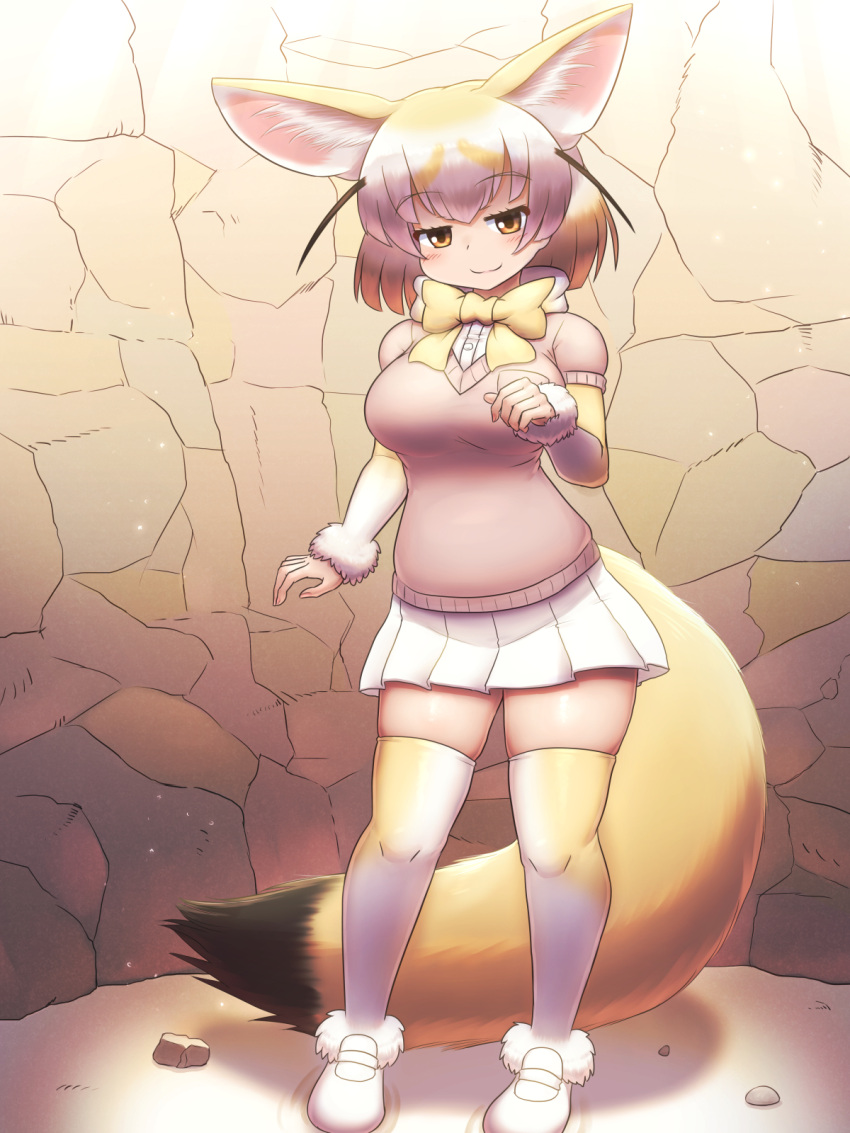 animal_ears blonde_hair bow bowtie breasts brown_eyes cave closed_mouth commentary_request extra_ears female fennec_(kemono_friends) fox_ears fox_tail full_body fur-trimmed_footwear fur-trimmed_sleeves fur_trim highres kemono_friends large_breasts layered_sleeves light_blush long_sleeves looking_at_viewer mo23 multicolored_hair pink_sweater pleated_skirt rock short-sleeved_sweater short_hair short_over_long_sleeves short_sleeves skindentation skirt smile solo standing sweater tail thighhighs two-tone_hair white_footwear white_hair white_skirt yellow_bow yellow_bowtie zettai_ryouiki