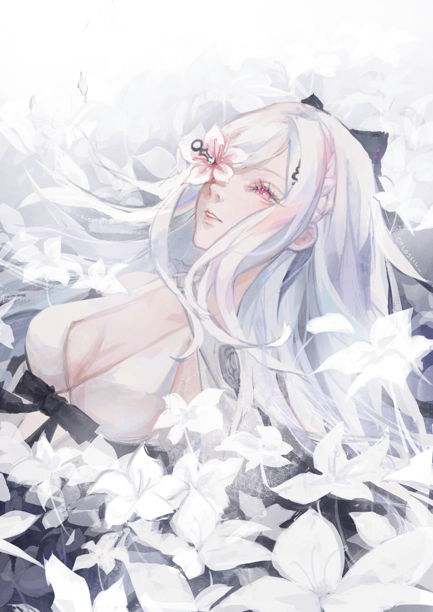 artist_name black_bow bow braid breasts cleavage colossil dress female flower flower_in_eye hairbow highres long_hair nier_(series) parted_lips pink_eyes solo symbol_in_eye too_many_flowers upper_body white_dress white_flower white_hair zero_(drag-on_dragoon)