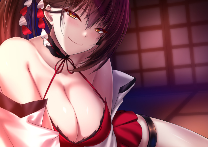 akeyama_kitsune azur_lane bare_shoulders breasts brown_hair cleavage collarbone commentary criss-cross_halter dress female hair_between_eyes halterneck indoors japanese_clothes kimono large_breasts red_dress short_dress side_ponytail smile smug solo thigh_strap white_kimono yellow_eyes zuikaku_(azur_lane)