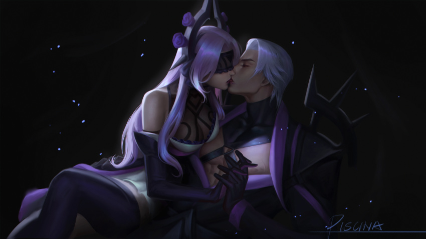 1boy abs absurdres artist_name black_background black_blindfold black_gloves blindfold breasts cleavage elbow_gloves english_commentary female gloves headpiece highres holding_hands league_of_legends medium_breasts nipples pectorals piscina straight syndra tongue tongue_out triangle_ring white_hair zed_(league_of_legends)