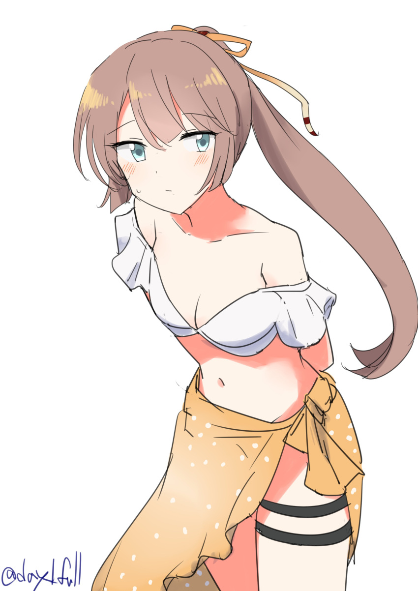 absurdres bikini blue_eyes breasts brown_eyes female hair_ribbon highres kantai_collection kazagumo_(kancolle) kazagumo_kai_ni_(kancolle) kazagumo_kai_ni_(swimsuit_mode)_(kancolle) leaning_forward long_hair one-hour_drawing_challenge orange_sarong polka_dot polka_dot_sarong ponytail ribbon robinson_(day_l_full) sarong simple_background small_breasts solo swimsuit thigh_strap twitter_username white_background white_bikini