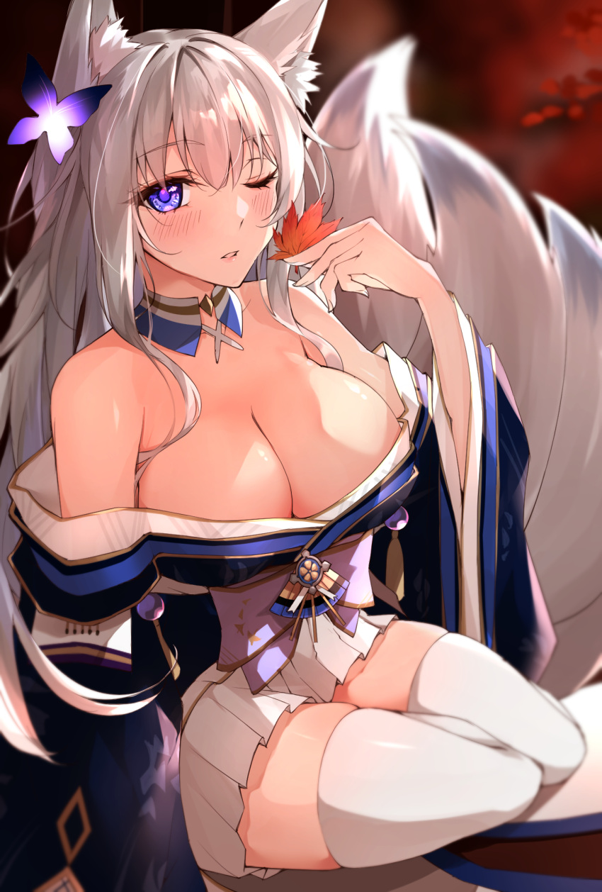 animal_ear_fluff animal_ears autumn_leaves azur_lane bare_shoulders blue_collar blue_eyes blue_kimono breasts butterfly_hair_ornament cleavage collar commentary female fox_ears fox_girl fox_tail gold_trim grey_hair hair_ornament highres holding holding_leaf japanese_clothes kimono kitsune kyuubi large_breasts large_tail leaf long_hair long_sleeves looking_at_viewer miniskirt multiple_tails one_eye_closed pleated_skirt ryou_(ryo_217cafe) shinano_(azur_lane) sitting skirt solo tail thighhighs white_skirt white_tail white_thighhighs wide_sleeves zettai_ryouiki