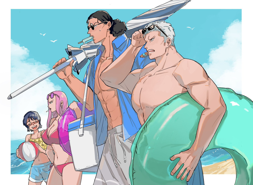 ^_^ balloon bikini black_hair blue_shirt cigarette closed_eyes closed_mouth eyewear_on_head glasses highres hina_(one_piece) holding holding_balloon innertube kuzan_(aokiji) long_hair looking_ahead maruwoz one_piece open_clothes open_mouth open_shirt pink_hair ponytail profile shirt short_hair shorts sky smoker_(one_piece) swim_ring swimsuit topless_male white_hair