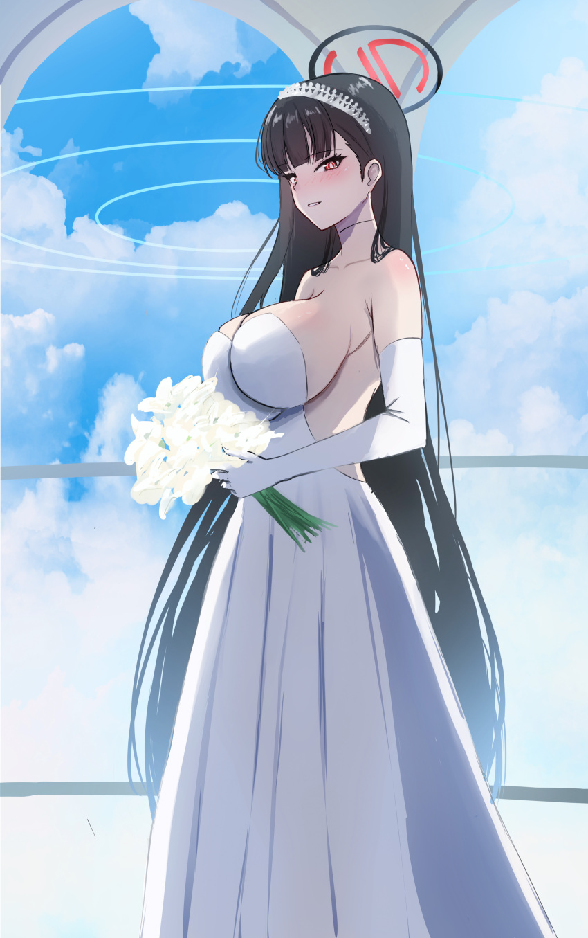 absurdres alternate_costume asao_(asaomm12345) black_hair black_halo blue_archive blue_sky blush bouquet breasts cleavage cloud cloudy_sky collarbone dress elbow_gloves female flower from_side gloves halo highres holding holding_bouquet huge_breasts long_hair looking_at_viewer parted_lips red_eyes rio_(blue_archive) sideboob sky solo teeth wedding_dress white_dress white_flower white_gloves white_tiara