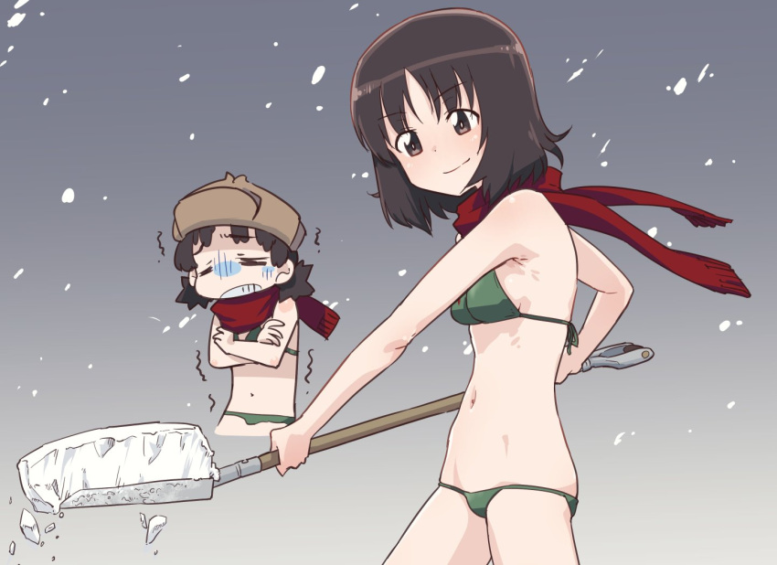 2girls alina_(girls_und_panzer) bikini blush breasts brown_eyes brown_hair closed_mouth cold girls_und_panzer green_bikini hat monolith_(suibou_souko) multiple_girls navel nina_(girls_und_panzer) outdoors red_scarf scarf shovel sky small_breasts smile snow snow_shovel snowing swimsuit trembling