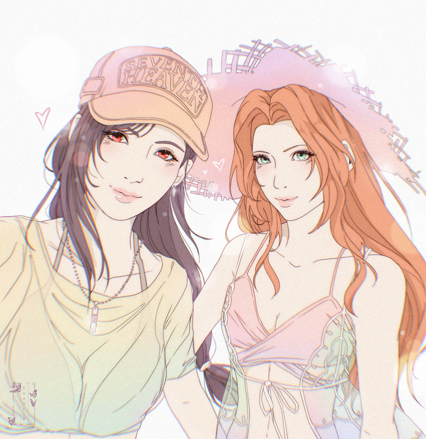 2girls absurdres aerith_gainsborough aerith_gainsborough_(sunny_robe) bare_shoulders baseball_cap bikini black_hair breasts cleavage closed_mouth final_fantasy final_fantasy_vii final_fantasy_vii_ever_crisis green_eyes hair_tie hat highres large_breasts light_blush long_hair low-tied_long_hair medium_breasts midriff multiple_girls official_alternate_costume orange_hair parted_bangs pink_bikini red_eyes shanlieart shirt sidelocks smile straw_hat sun_hat swimsuit t-shirt tifa_lockhart tifa_lockhart_(lifeguard) upper_body wavy_hair wet wet_clothes wet_shirt whistle whistle_around_neck white_background white_shirt