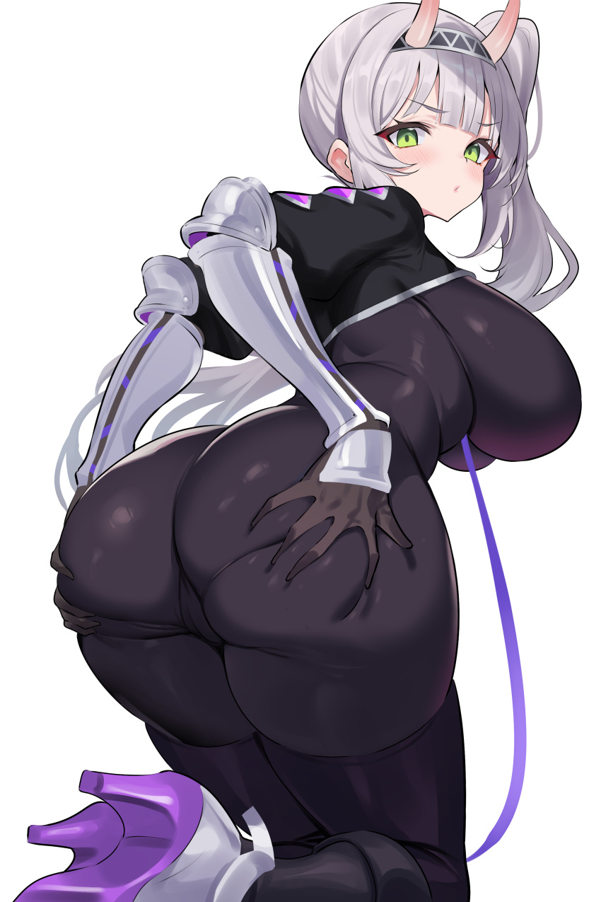 absurdres ass ass_focus back black_bodysuit black_pantyhose black_thighhighs bodysuit breasts cameltoe deep_skin female from_behind grabbing_own_ass green_eyes grey_hair hand_on_own_ass hands_on_ass hands_on_own_ass highres horns hoshikuma_douji houchi_shoujo huge_ass ichi-jirushi indie_virtual_youtuber large_breasts long_hair looking_at_viewer looking_back oni pantyhose presenting presenting_ass rimuchi_(vtuber) side_ponytail skin-covered_horns skin_tight solo thighhighs vambraces virtual_youtuber