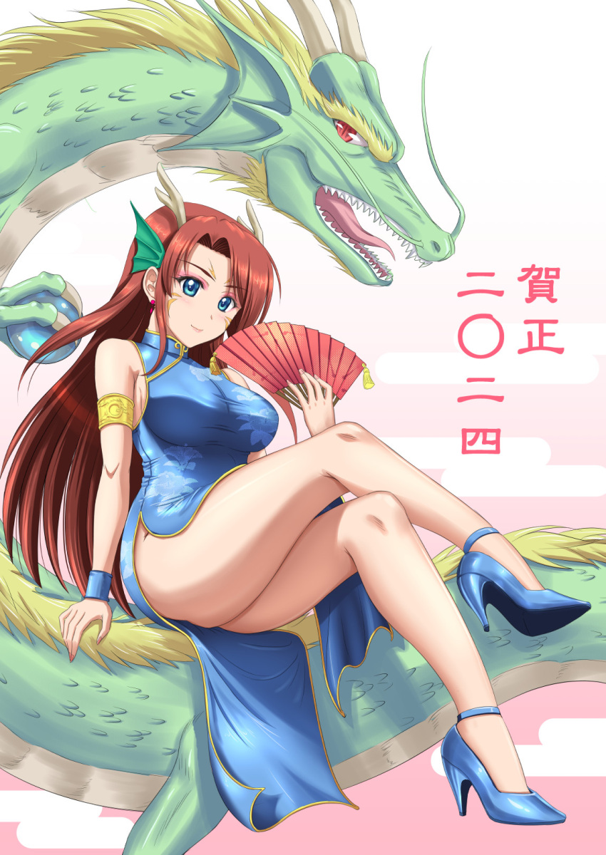 \||/ ankle_strap arm_support armlet bare_shoulders blue_dress blue_eyes blue_footwear blue_wristband breasts china_dress chinese_clothes chinese_text chinese_zodiac closed_mouth commentary_request crossed_legs dragon dragon_girl dragon_horns dress eastern_dragon eyeliner female forehead full_body gold_trim green_eyes hand_fan head_wings high_heels highres holding holding_fan horns jewelry kishi_nisen large_breasts long_hair looking_at_viewer makeup nengajou new_year open_mouth original pink_background pink_eyeliner pink_nails red_fan red_hair scales sharp_teeth side_slit sitting smile solo teeth thighs tongue two-tone_background v-shaped_eyebrows wings year_of_the_dragon