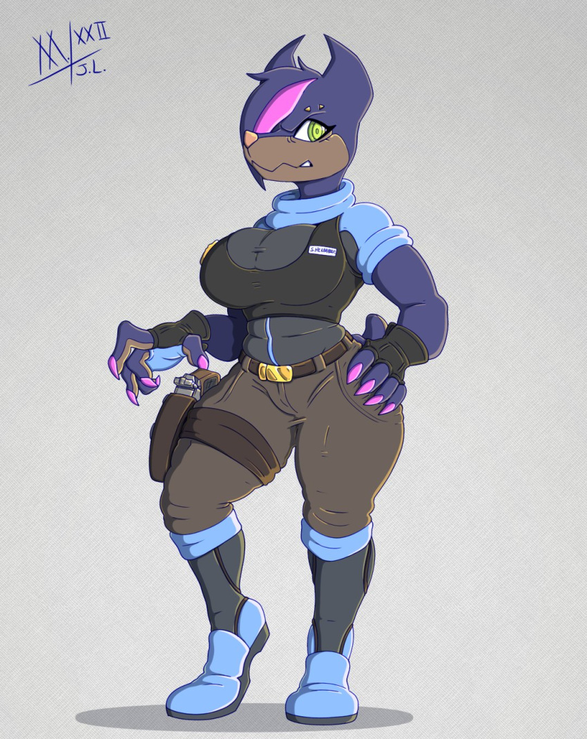 angry anthro big_breasts breasts canid canine canis clothing colored_nails copdog_(meatboom) dobermann domestic_dog eye_piercing female green_eyes gun gun_holster hi_res highlights_(coloring) mammal meatboom nails pink_nails pinscher police police_uniform ranged_weapon solo thick_thighs uniform weapon