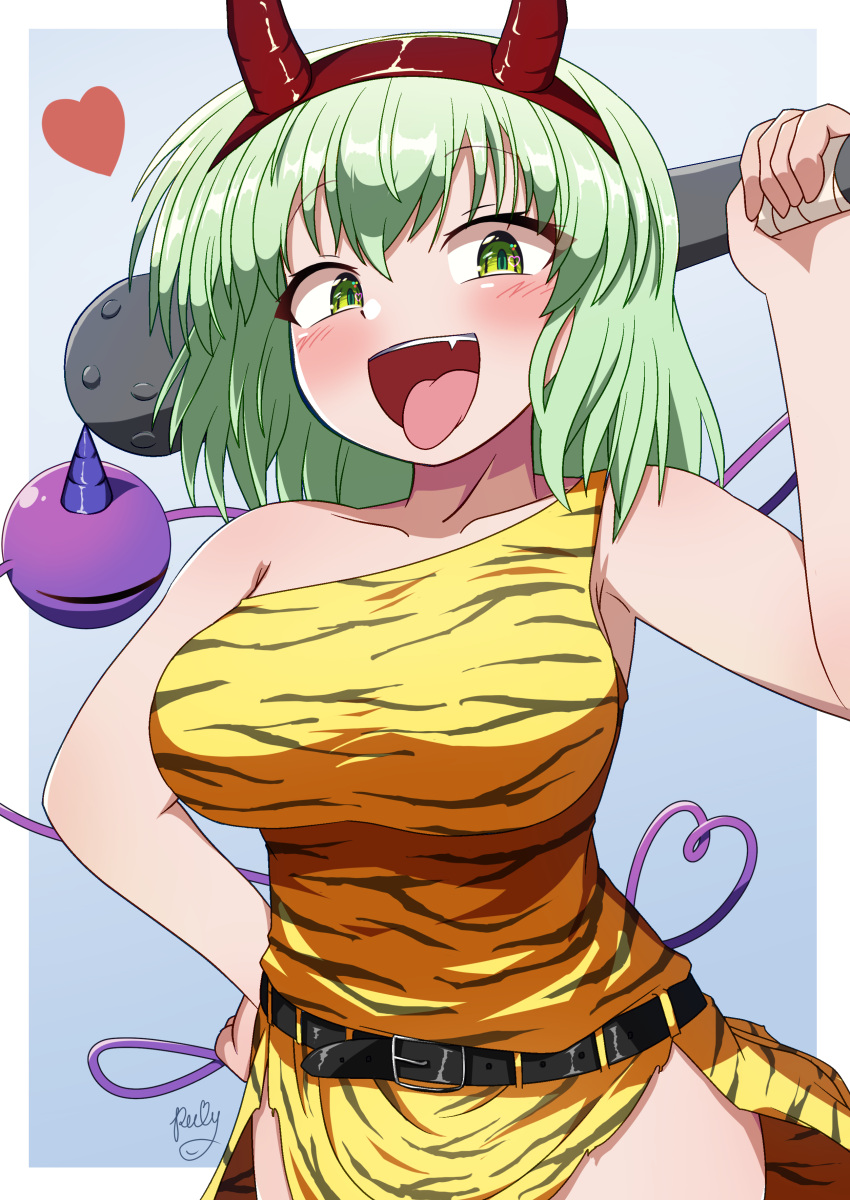 :d absurdres alternate_breast_size alternate_costume animal_print bare_shoulders belt blue_background blush border breasts club_(weapon) collarbone cowboy_shot dress fake_horns female green_eyes green_hair hair_between_eyes hand_on_own_hip heart heart_of_string highres holding holding_weapon horns komeiji_koishi large_breasts long_hair looking_at_viewer no_headwear oerba_yun_fang outside_border polyhedron2 setsubun simple_background single-shoulder_dress single_horn smile solo teeth third_eye tiger_print tongue tongue_out touhou upper_teeth_only weapon white_border