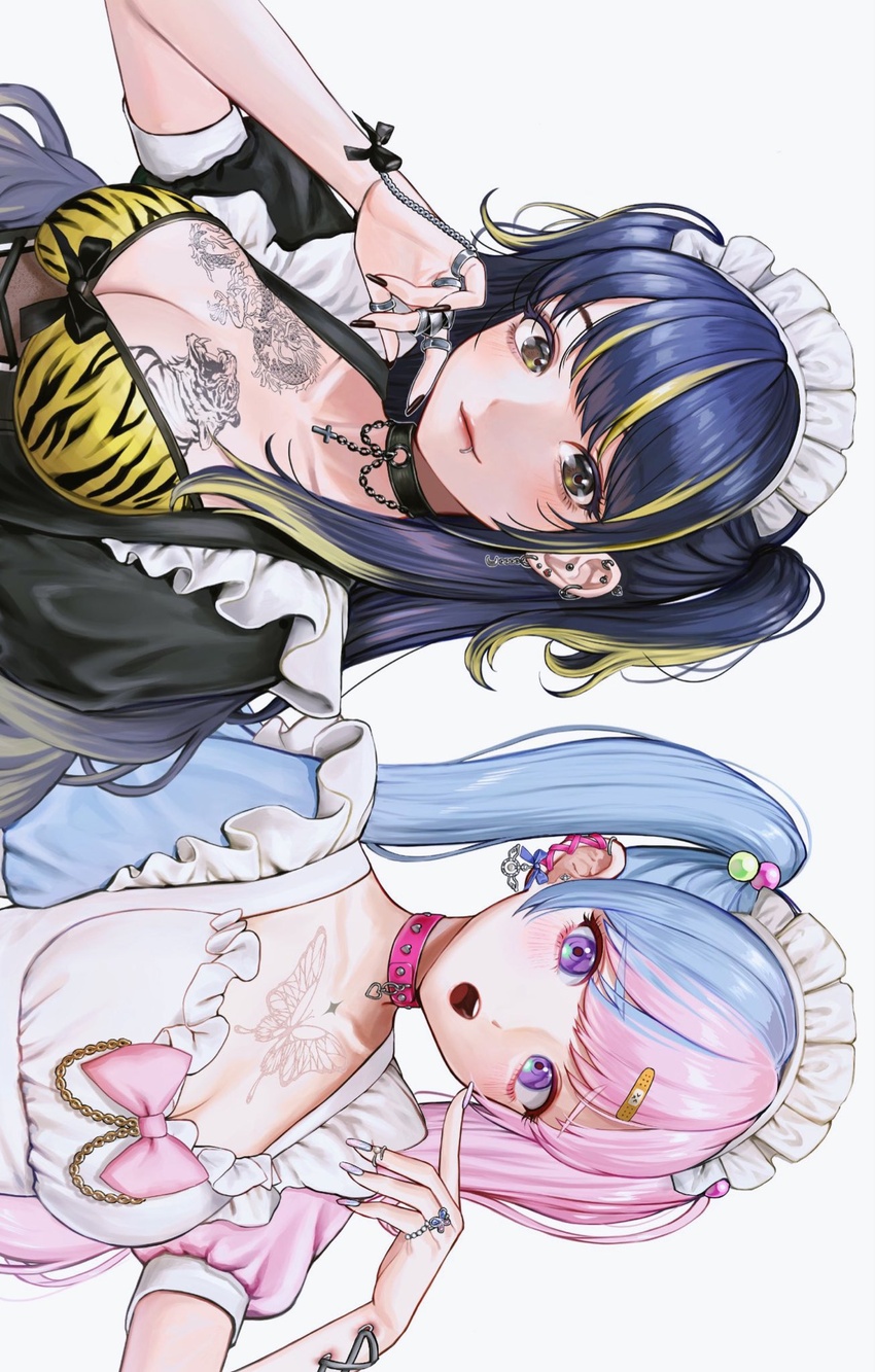 10_plus 2girls blonde_hair blue_hair body_markings bra breasts butterfly_tattoo chest_tattoo choker cleavage dark_blue_hair dress earrings frilled_dress frills heart_o-ring highres jewelry looking_at_viewer maid_headdress mouth_piercing multicolored_hair multiple_girls multiple_rings original pink_choker pink_hair puffy_short_sleeves puffy_sleeves ring short_sleeves sideways tattoo tiger_tattoo twintails two-tone_hair underwear upper_body