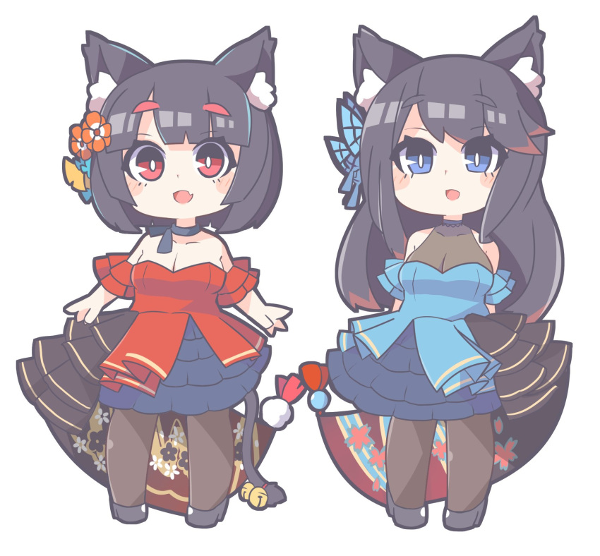 2girls :d animal_ear_fluff animal_ears arms_behind_back azur_lane black_hair black_legwear blue_dress blue_eyes blush butterfly_hair_ornament cat_ears chibi commentary_request dress floral_print flower full_body fusou_(azur_lane) hair_flower hair_ornament highres long_hair looking_at_viewer mismatched_eyebrows multiple_girls oerba_yun_fang open_mouth oquri pantyhose red_dress red_eyes short_hair simple_background skin_fang smile standing white_background yamashiro_(azur_lane) yamashiro_(dressy_black_cat)_(azur_lane)