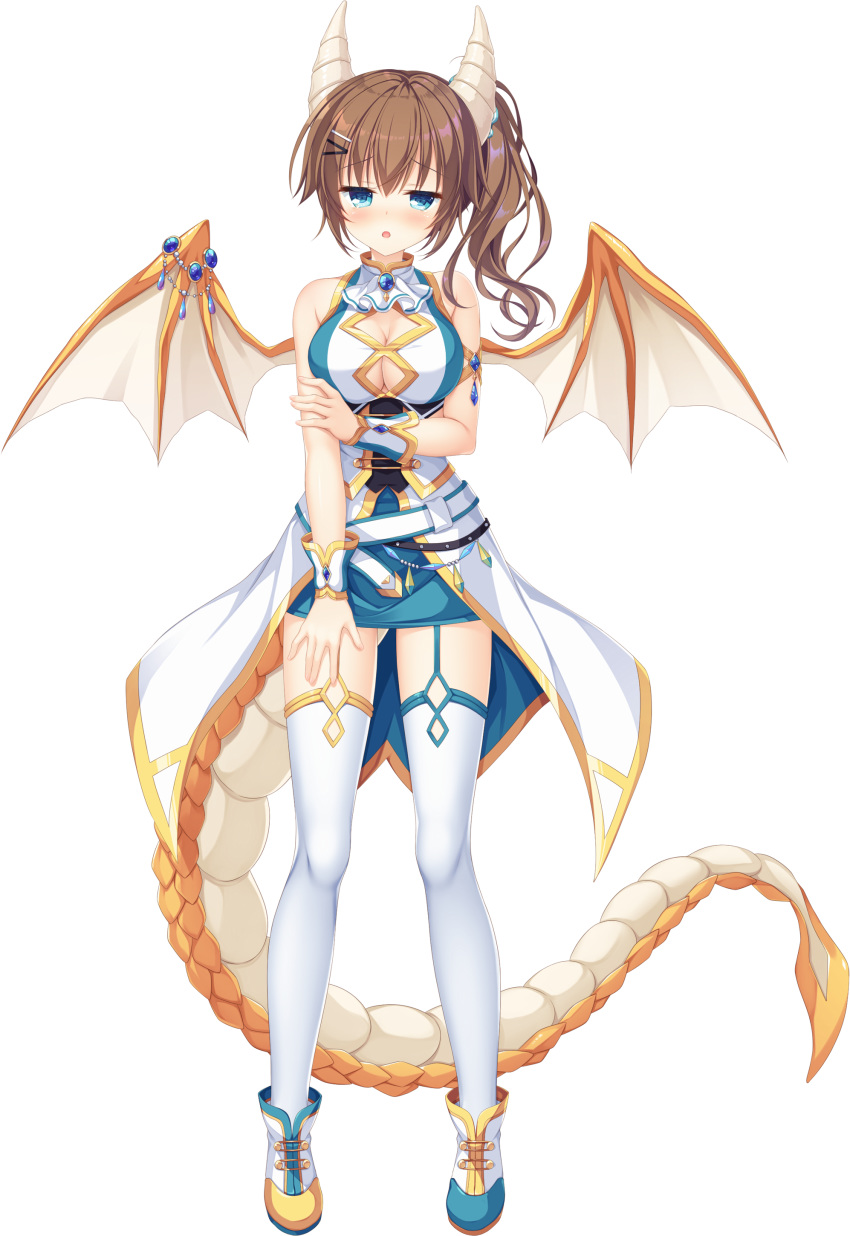 :o absurdres arm_grab armlet breasts brooch cleavage coattails dragon_girl dragon_horns dragon_tail dragon_wings drapri_guu-ta-life female full_body garter_straps hair_ornament hairclip hand_on_own_thigh highres horns ichinose_suzuka jewelry large_breasts looking_at_viewer non-web_source official_art side_ponytail solo tail takano_yuki_(allegro_mistic) thighhighs transparent_background white_thighhighs wings wrist_cuffs