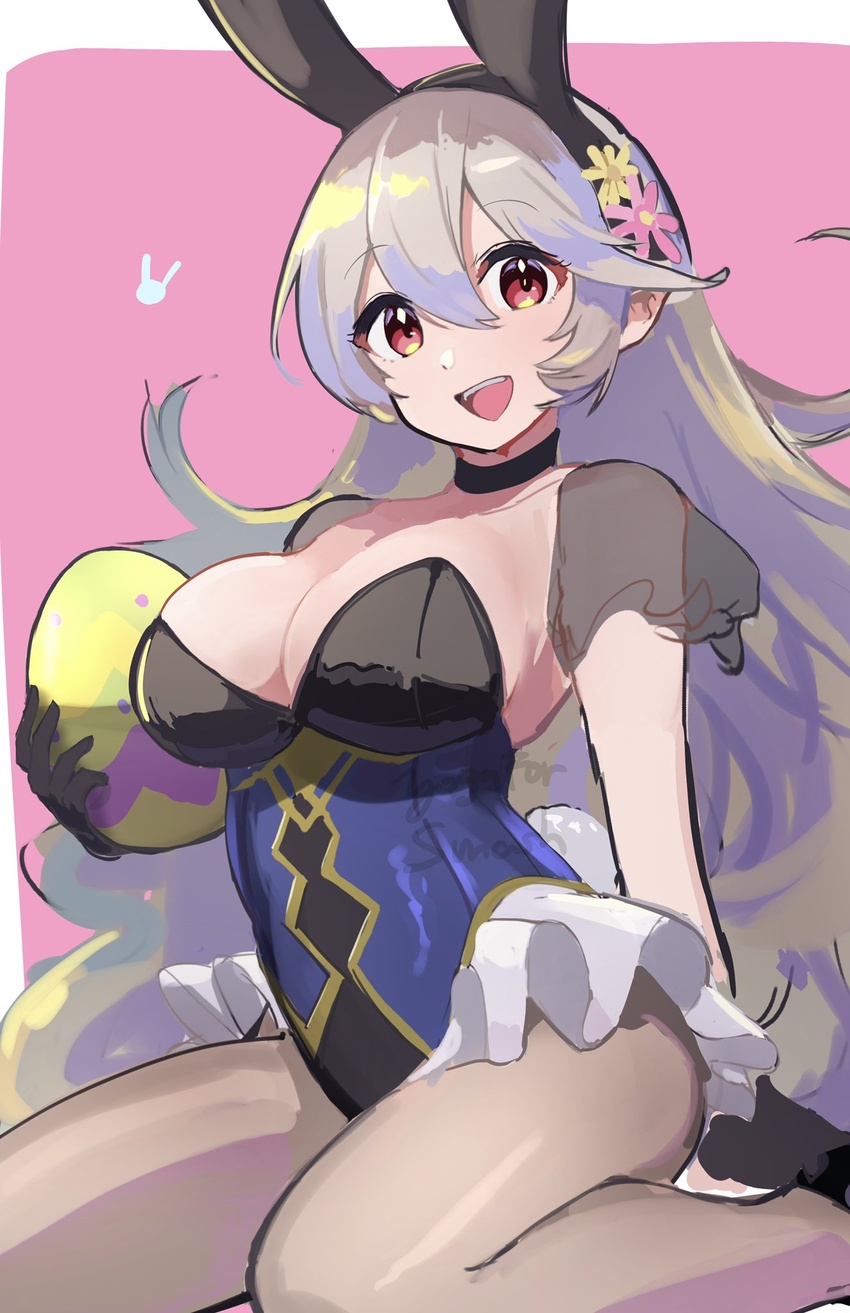 animal_ears black_choker breasts choker cleavage commentary corrin_(female)_(fire_emblem) corrin_(fire_emblem) cosplay egg fake_animal_ears female fire_emblem fire_emblem_fates fire_emblem_heroes flower hair_flower hair_ornament highres hirotaka_(hrtk990203) holding holding_egg large_breasts leotard long_hair looking_at_viewer lucina_(fire_emblem) lucina_(fire_emblem)_(cosplay) lucina_(spring)_(fire_emblem) open_mouth pantyhose playboy_bunny rabbit_ears red_eyes seiza sitting solo teeth upper_teeth_only