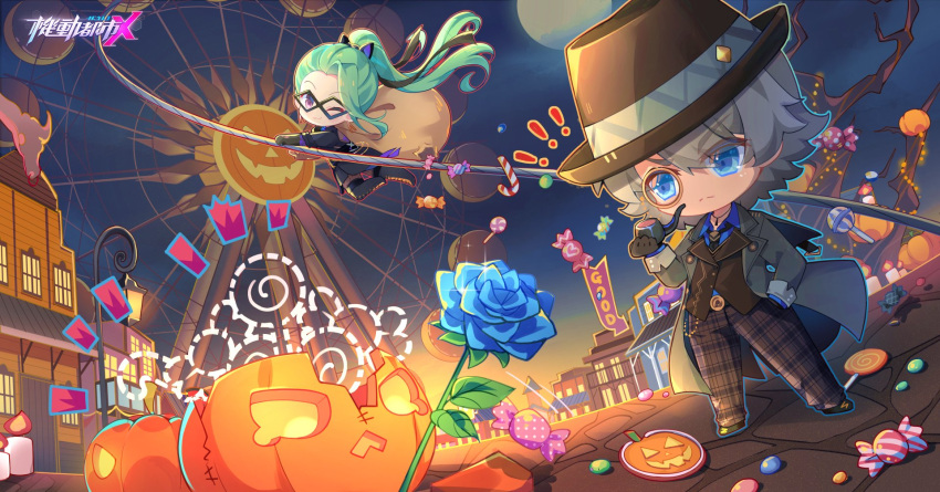 1boy black_vest blue_flower blue_rose blue_shirt brown_pants candy chibi collared_shirt copyright_name female ferris_wheel floating_hair flower food green_hair grey_jacket hand_in_pocket highres jack-o'-lantern jacket joanna_(smc) leaning_back logo long_hair mask monocle moon night night_sky official_art one_eye_closed pants plaid plaid_pants purple_eyes rom_(smc) rose shirt sky smile super_mecha_champions vest