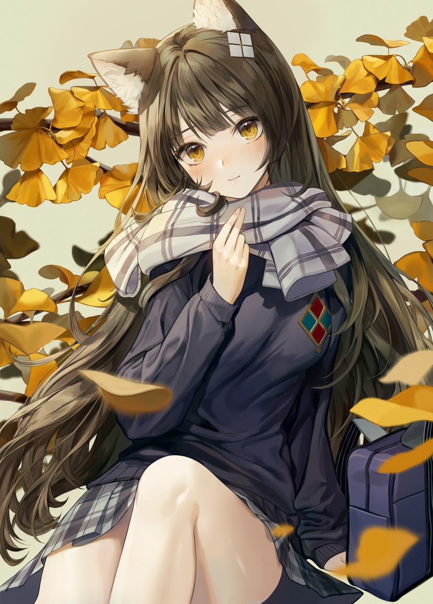 alternate_costume animal_ear_fluff animal_ears bad_id bad_twitter_id bag black_hair blue_sweater blush branch breasts cat_ears female girls'_frontline grey_background grey_scarf hair_ornament highres large_breasts leaf long_hair long_sleeves myoushun official_alternate_costume plaid plaid_skirt scarf school_bag school_uniform skirt smile solo sweater type_95_(girls'_frontline) type_95_(pure_white_graduation)_(girls'_frontline) yellow_eyes