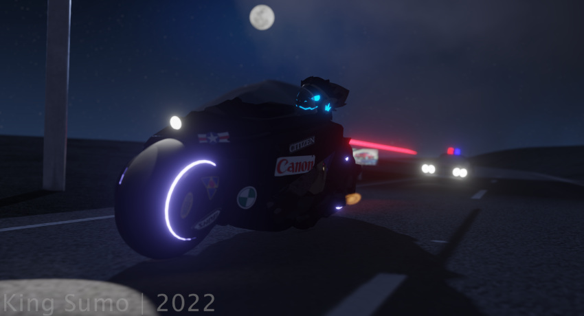 2022 3d_(artwork) absurd_res advertisement akira_bike anthro artist_name billboard canon_(company) car car_chase chasing cloud crime digital_media_(artwork) hi_res highway king_sumo_(artist) machine male moon motor_vehicle motorcycle night outside police police_car police_vehicle protogen rendered riding_motorcycle road robot sky solo star starry_sky sticker vehicle watermark