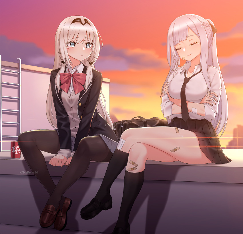 2girls absurdres ak-12_(girls'_frontline) an-94_(girls'_frontline) bad_id bad_pixiv_id bag bandages bandaid bandaid_on_face bandaid_on_leg black_footwear black_jacket black_legwear black_nails black_necktie black_ribbon black_skirt blazer bow bowtie braid brown_footwear can cardigan closed_eyes closed_mouth collared_shirt colorized crossed_ankles crossed_arms dr_pepper dress_shirt drink_can french_braid girls'_frontline grey_cardigan grey_skirt hair_ornament hair_ribbon hairband highres jacket kneehighs ladder lens_flare loafers long_hair long_sleeves looking_at_another miniskirt multiple_girls narynn necktie orange_sky pantyhose pleated_skirt ponytail red_bow red_bowtie ribbon rooftop school_bag school_uniform shirt shoes sidelocks sitting skirt sky sleeves_rolled_up smile socks soda_can stairs sunset thighband_pantyhose thighs twitter_username very_long_hair white_hair white_shirt