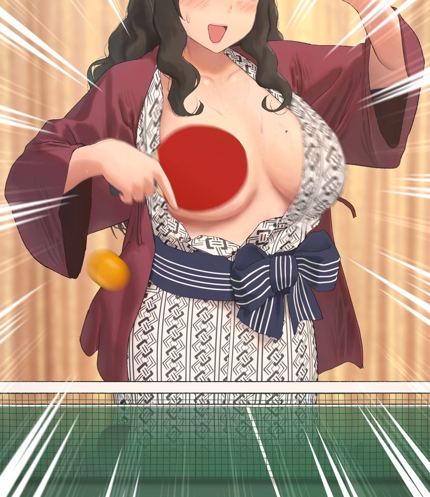 ball black_hair blush breasts collarbone commentary female head_out_of_frame highres holding holding_paddle indoors japanese_clothes kimono large_breasts lips long_hair mole mole_on_breast open_clothes open_mouth original paddle ryokucha_michi solo sweat table_tennis table_tennis_ball table_tennis_net table_tennis_paddle tongue