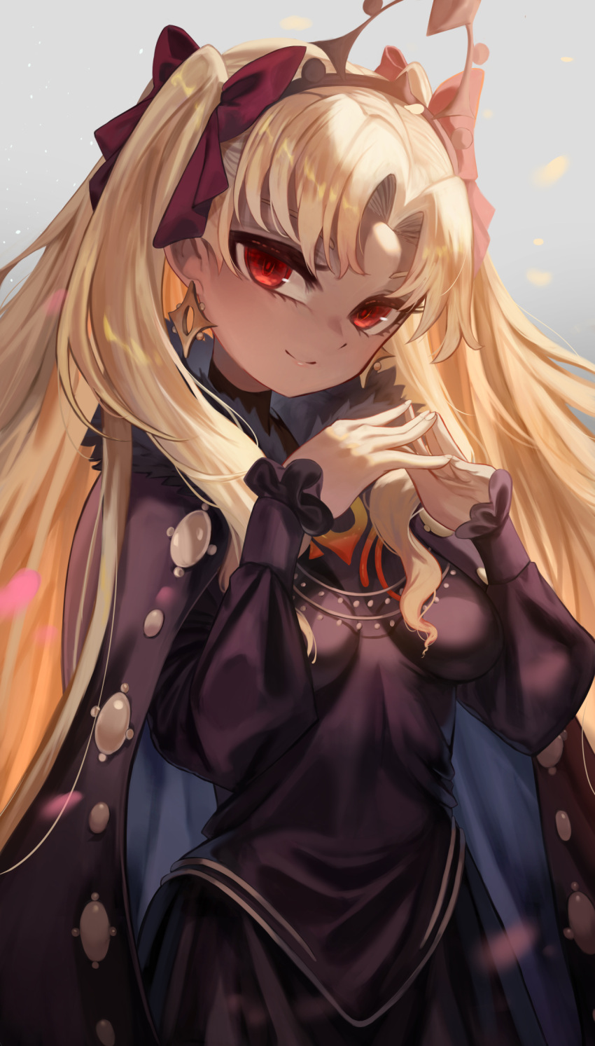 black_cape black_dress blonde_hair breasts cape dark-skinned_female dark_skin dress earrings ereshkigal_(fate) ereshkigal_alter_(fate) fate/grand_order fate_(series) female fur-trimmed_cape fur_trim hair_ribbon highres hoop_earrings jewelry long_hair long_sleeves looking_at_viewer m0_chi medium_breasts parted_bangs red_eyes ribbon smile solo tiara two_side_up