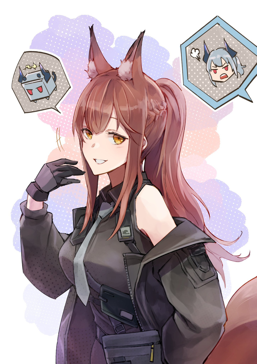 +++ 2girls animal_ears arknights bare_shoulders black_gloves black_jacket black_shirt d: dragon_girl dragon_horns e-bushi extra_ears fox_ears fox_girl fox_tail franka_(arknights) gloves grey_necktie highres horns jacket liskarm_(arknights) long_hair looking_at_viewer multiple_girls necktie off_shoulder official_alternate_costume open_clothes open_jacket ponytail red_eyes shirt sidelocks sleeveless sleeveless_shirt smile tail teeth upper_body upper_teeth_only yellow_eyes