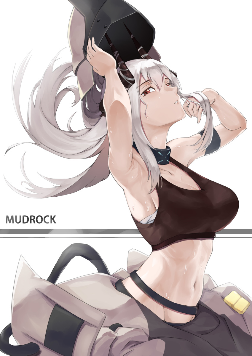 absurdres arknights armband armpits arms_up black_collar black_sports_bra breasts character_name cleavage collar cy9 female helmet highres horns infection_monitor_(arknights) large_breasts long_hair looking_at_viewer midriff mudrock_(arknights) mudrock_(elite_ii)_(arknights) navel red_eyes sarashi solo sports_bra stomach sweat sweaty_armpits unworn_headwear unworn_helmet white_hair