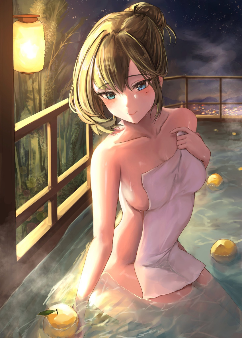 bath blush breasts collarbone covering_privates female fruit_on_liquid green_hair hair_bun heterochromia highres idolmaster idolmaster_cinderella_girls lantern medium_breasts mole mole_under_eye night night_sky nude_cover nyome991 ofuro paper_lantern single_hair_bun single_sidelock sitting sky smile solo takagaki_kaede water_drop