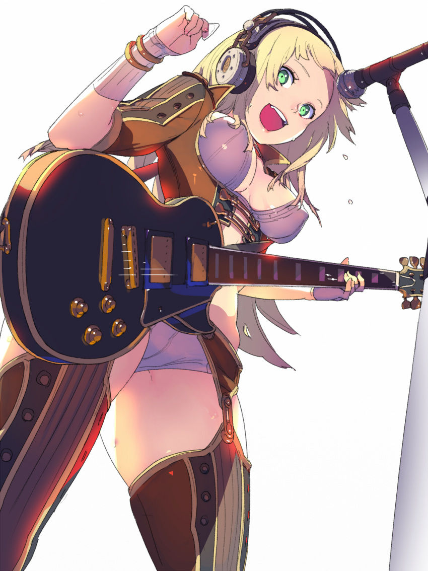 :d blonde_hair bra bracelet breasts commentary_request covered_nipples electric_guitar enkyo_yuuichirou female flying_sweatdrops from_below garter_belt gibson_les_paul green_eyes grey_bra grey_panties guitar hand_up headphones highres hisho_collection holding holding_instrument instrument jewelry looking_at_viewer looking_down medium_breasts microphone microphone_stand music open_mouth panties playing_instrument short_hair simple_background smile standing thighhighs underwear white_background wristband