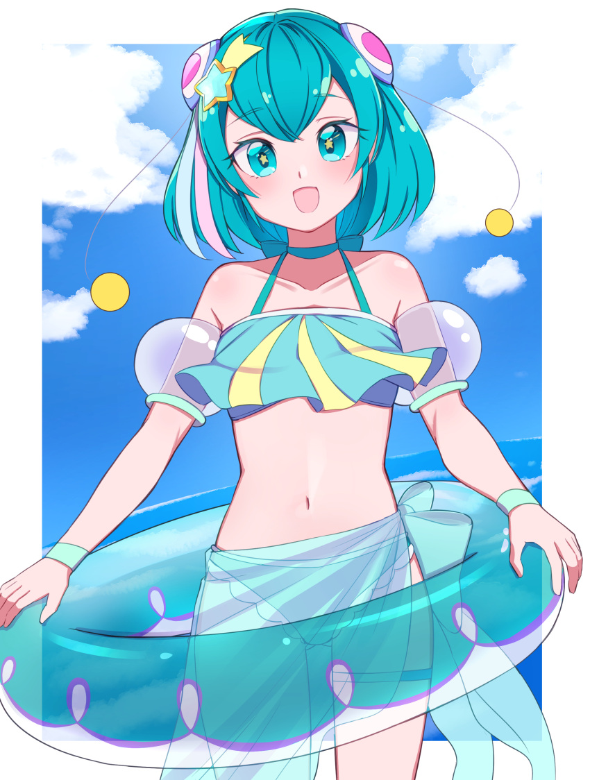 absurdres alternate_costume aqua_bikini aqua_hair beach bikini blue_sky border cloud cloudy_sky cowboy_shot day female hagoromo_lala hair_ornament highres horizon innertube navel ocean open_mouth outdoors precure sarong sky solo star_(symbol) star_hair_ornament star_in_eye star_twinkle_precure swim_ring swimsuit symbol_in_eye toon_(noin) water white_border