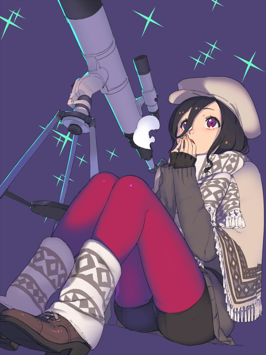 bike_shorts black_hair blanket breath brown_footwear commentary_request dutch_angle enkyo_yuuichirou female grey_sweater hair_between_eyes hair_over_one_eye highres hisho_collection leg_warmers legs_together long_sleeves looking_up own_hands_together pantyhose purple_background purple_eyes red_legwear scarf shoes simple_background sitting sleeves_past_wrists solo star_(symbol) sweater telescope white_scarf