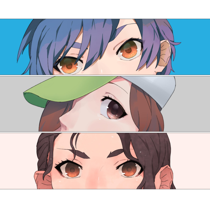 3girls absurdres aunt_and_niece baseball_cap blue_background blue_hair brown_eyes brown_hair family gaen_izuko gaen_tooe green_headwear grey_background hair_ornament hair_over_one_eye hairclip hat highres je8 kanbaru_suruga looking_at_viewer monogatari_(series) mother_and_daughter multiple_girls orange_eyes pink_background protected_link siblings sisters thick_eyebrows zoku_owarimonogatari