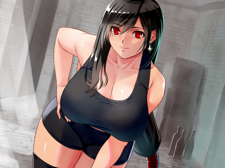 bent_over bike_shorts black_hair black_shorts black_sports_bra black_thighhighs breasts cleavage earrings female final_fantasy final_fantasy_vii final_fantasy_vii_remake hand_on_own_hip jewelry large_breasts leaning_forward long_hair looking_at_viewer low-tied_long_hair red_eyes shorts sleeveless smile solo sports_bra switch01 thighhighs tifa_lockhart underwear