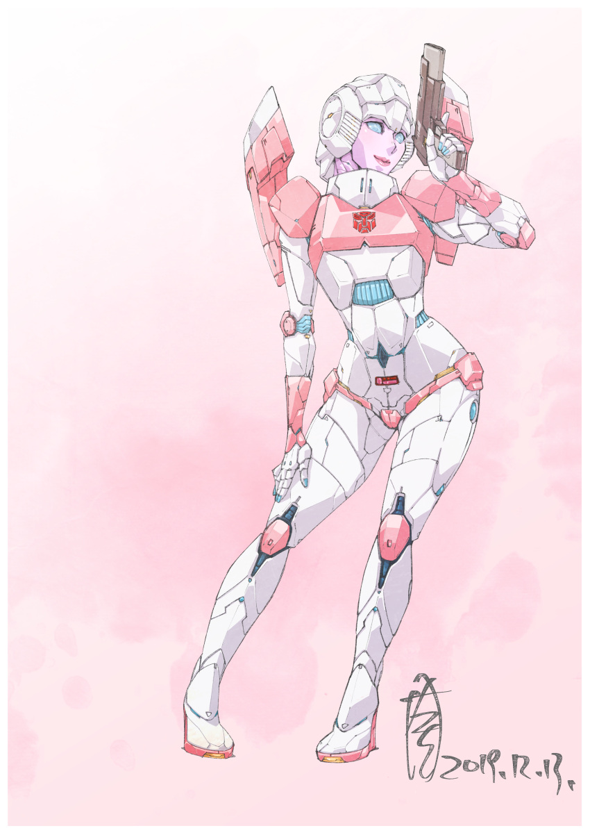 absurdres alien arcee blue_eyes blue_nails breasts commentary curvy female high_heels highres mecha medium_breasts pink_lips robot solo tatsuta_shin'ichi transformers transformers:_generation_1