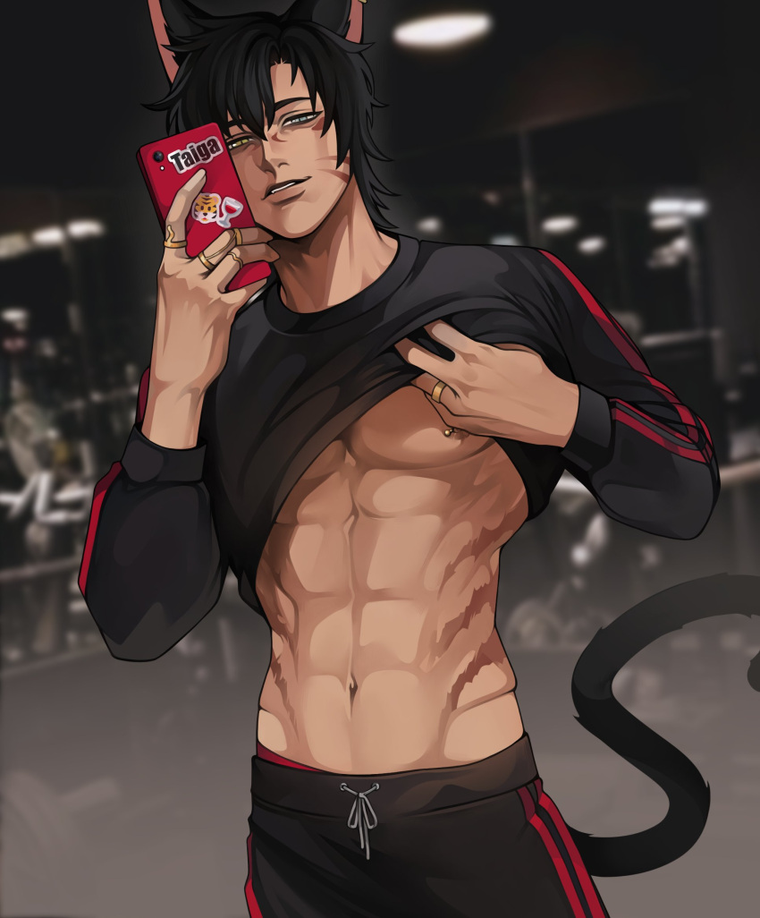 1boy abs animal_ears artist_name barbell_piercing black_hair blurry blurry_background cat_tail cellphone clothes_lift feet_out_of_frame feline gym gym_shirt gym_shorts gym_uniform highres jewelry long_sleeves looking_at_viewer male_focus muscular muscular_male nipple_bar nipple_piercing nipples original pectorals phone piercing ring selfie shirt shirt_lift short_hair shorts signature slit_pupils smirk solo taiga_chama tail tiger_stripes underpec virtual_youtuber