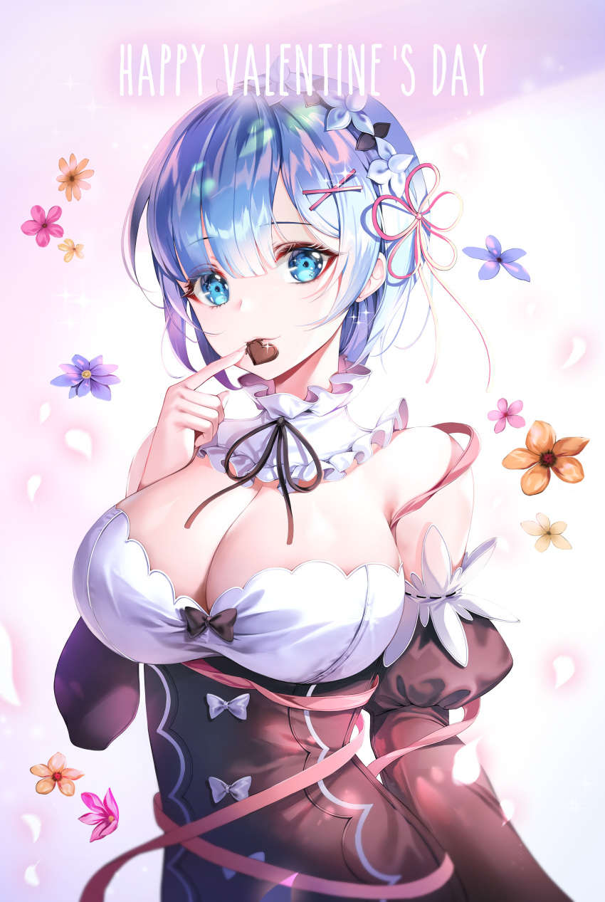 absurdres bad_id bad_pixiv_id bare_shoulders black_ribbon blue_eyes blue_hair breasts candy chocolate cleavage commentary female flower food hair_ornament hair_over_one_eye hair_ribbon happy_valentine harusame_(user_wawj5773) heart heart-shaped_chocolate highres large_breasts looking_at_viewer maid maid_headdress orange_flower photoshop_(medium) pink_flower pink_ribbon purple_flower re:zero_kara_hajimeru_isekai_seikatsu rem_(re:zero) ribbon roswaal_mansion_maid_uniform short_hair solo valentine x_hair_ornament