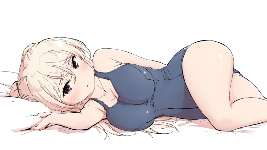 :t alternate_costume arm_behind_back bare_legs blue_one-piece_swimsuit blush breasts brown_eyes cleavage conte_di_cavour_(kancolle) female grey_hair hair_ribbon highres kantai_collection large_breasts long_hair lying old_school_swimsuit on_bed on_side one-piece_swimsuit ribbon school_swimsuit solo swimsuit two_side_up wamu_(chartreuse)