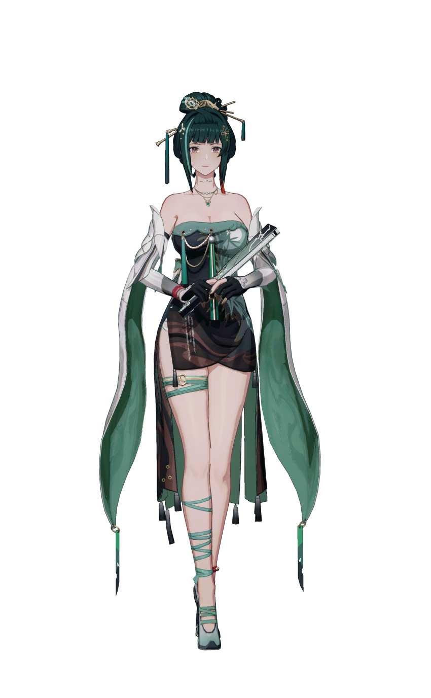 absurdres china_dress chinese_clothes dress female full_body gloves green_dress green_footwear green_hair hair_ornament hand_fan hanying:_zitherwoe_(punishing:_gray_raven) hanying_(punishing:_gray_raven) high_heels highres jewelry necklace punishing:_gray_raven solo