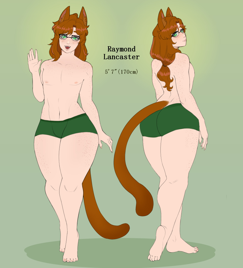 cat_tail docfurpanic eyewear felid feline felinid femboy freckled_face freckles glasses hi_res humanoid male mammal model_sheet raymond_lancaster solo solo_focus tail