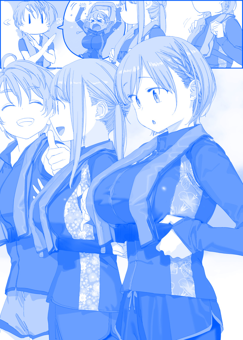 >_< 3girls :d :o ^_^ ai-chan_(tawawa) blue_theme braid breasts character_request clenched_teeth closed_eyes collared_shirt commentary_request getsuyoubi_no_tawawa highres himura_kiseki large_breasts long_sleeves monochrome multiple_girls open_mouth partially_submerged shirt short_hair shorts smile teeth thumbs_up towel volley-bu-chan_(tawawa)