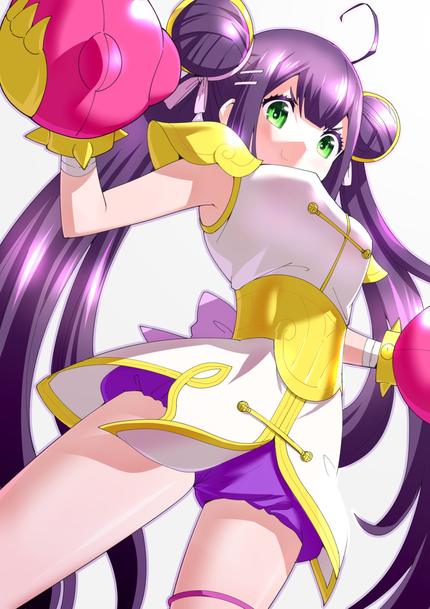 absurdres armor bloomers breasts chinese_clothes female from_below gloves green_eyes highres purple_bloomers purple_hair saint_seiya saint_seiya:_rising_cosmo simple_background smile solo toku_sonchou twintails ursa_minor_xiaoling_(saint_seiya:_rising_cosmo) white_background