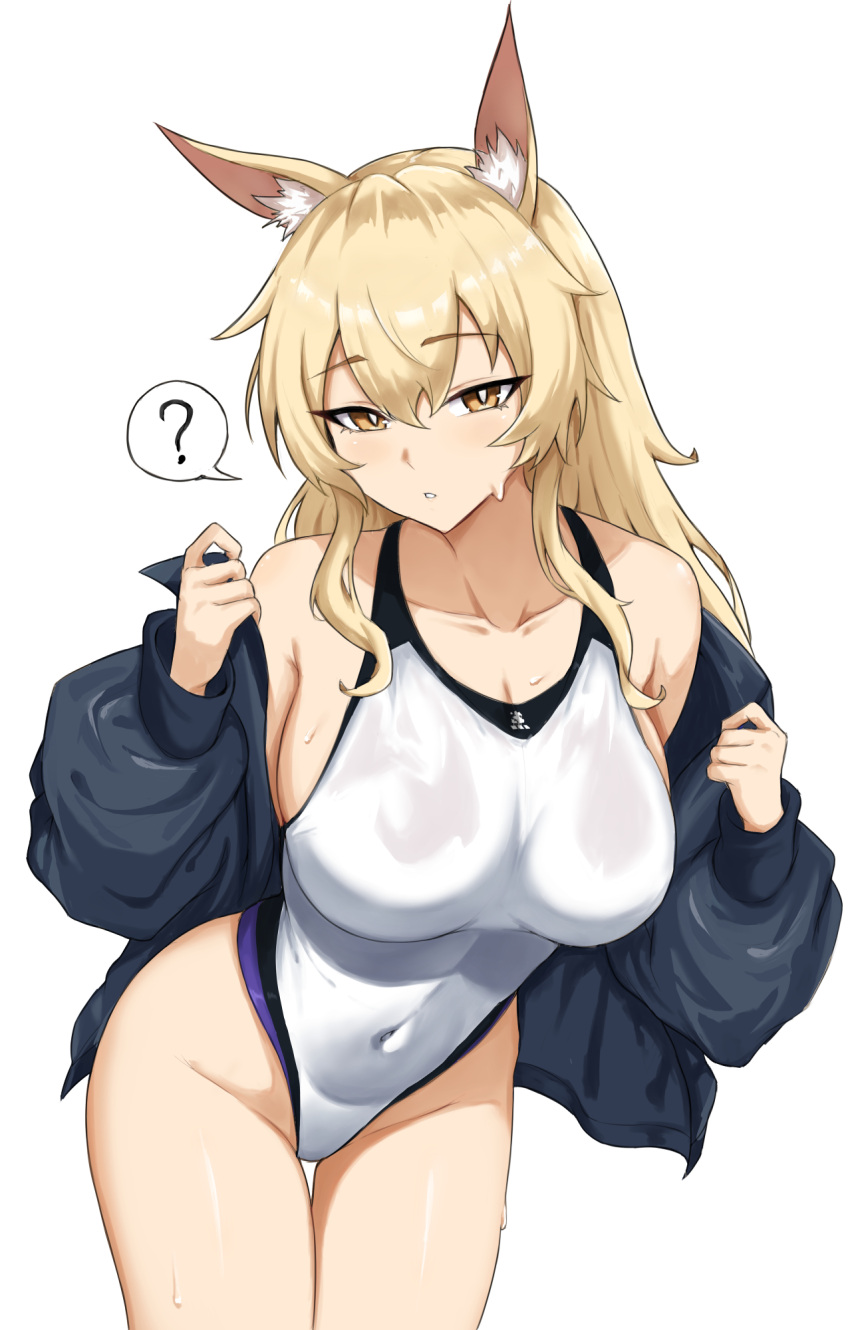 ? animal_ear_fluff animal_ears arknights bare_shoulders black_jacket blonde_hair breasts collarbone covered_navel cowboy_shot fangs_(fangs_art) female groin highres jacket large_breasts leaning_forward long_hair long_sleeves looking_at_viewer nearl_(arknights) nearl_(shimmering_dew)_(arknights) off_shoulder official_alternate_costume open_clothes open_jacket parted_lips simple_background solo spoken_question_mark standing thighs white_background yellow_eyes