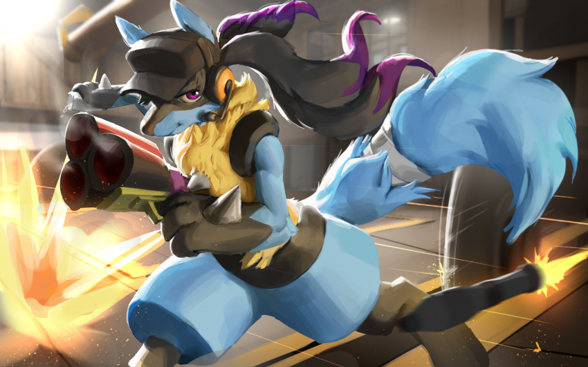 2fort 3_fingers ambiguous_gender anthro austinarts4 explosion fingers generation_4_pokemon gun hi_res lucario nintendo pokemon pokemon_(species) ranged_weapon rocket running scout_(team_fortress_2) solo team_fortress_2 valve weapon